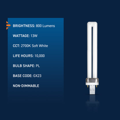 13W Twin Tube PL GX23 Base Soft White Non-Dimmable CFL Light Bulb
