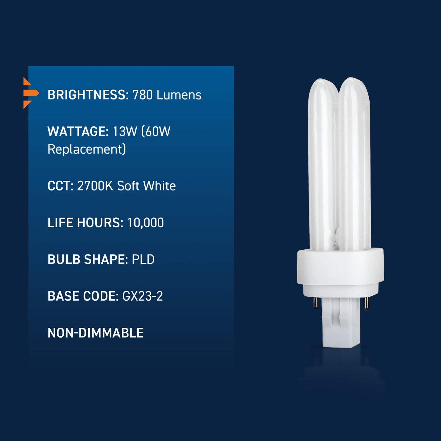 13W Double Twin Tube PL GX23-2 Base Soft White Non-Dimmable CFL Light Bulb