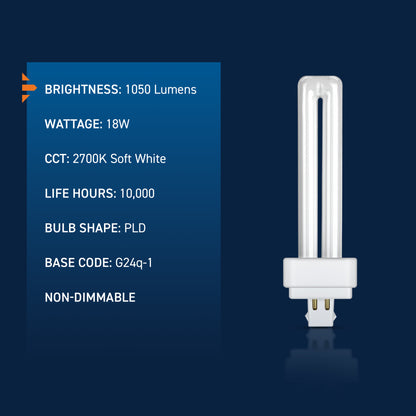 18W Double Twin Tube PL GX24q-2 Base Soft White Non-Dimmable CFL Light Bulb