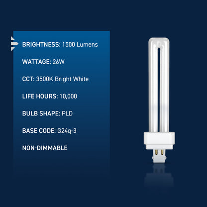 26W Double Twin Tube PL G24q-3 Base Bright White Non-Dimmable CFL Light Bulb