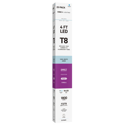 18W 4ft T8 Cool White G13 Base Non-Dimmable LED Linear Light Tube (25 Pack)