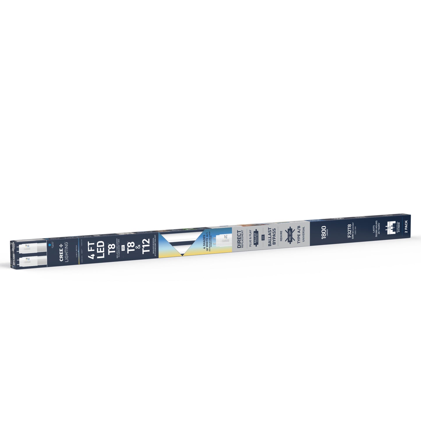 18W 4ft T8 Switchable White G13 Base Non-Dimmable LED Linear Light Tube (2 Pack)