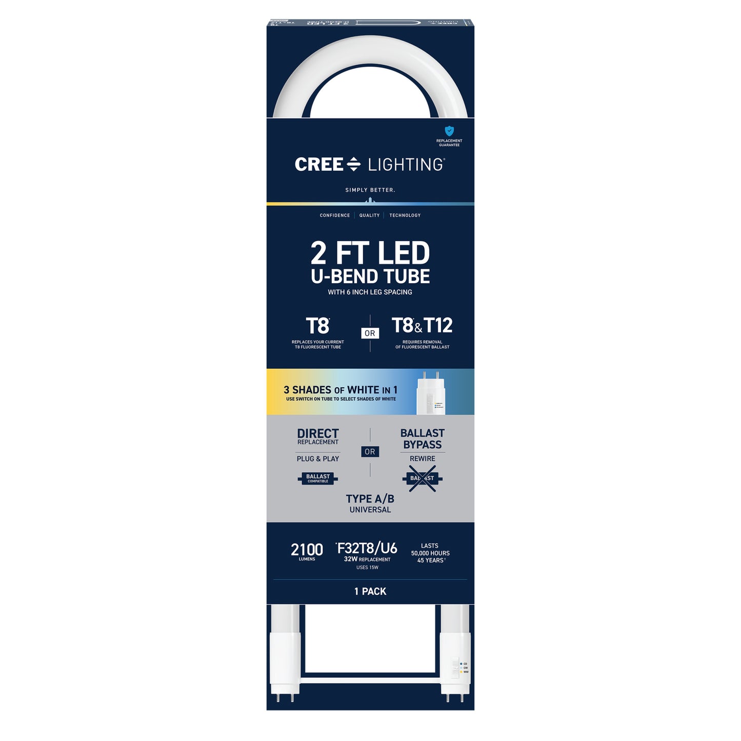 15W 2ft T8 Switchable White G13 Base Non-Dimmable LED U-Bend Light Tube