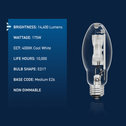 175W ED17 E26 Medium Base Cool White Clear Metal Halide HID Light Bulb