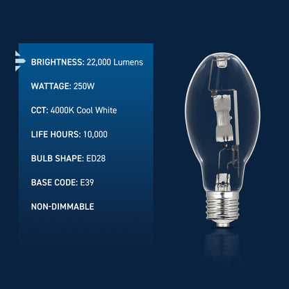 250W Cool White ED28 E39 Mogul Base Clear Metal Halide HID Light Bulb
