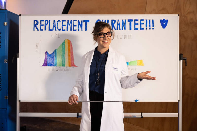 Mayim Bialik in a white cree lighting lab coat standing next to a whiteboard with 'Replacement Guarantee!!!' text and rainbow chart.