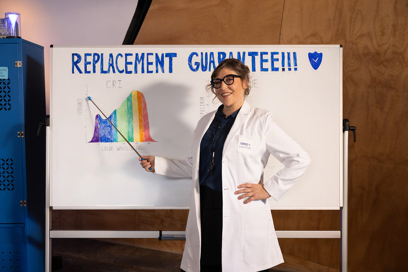 Mayim Bialik in a white cree lighting lab coat standing next to a whiteboard with 'Replacement Guarantee!!!' text and rainbow chart.